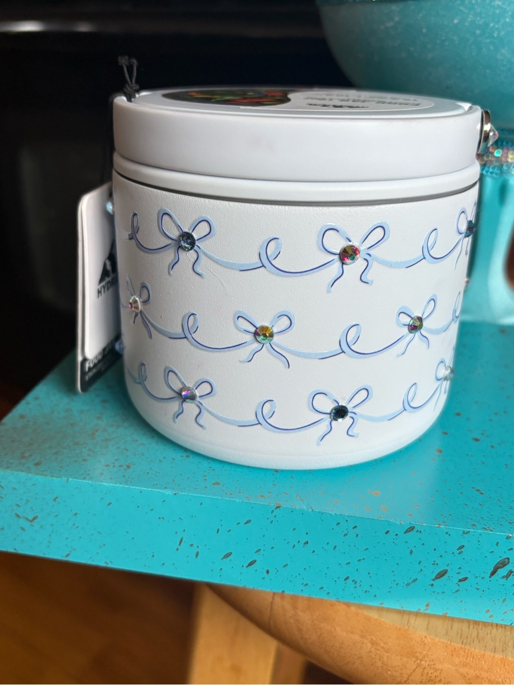 Hydrapeak Insulated food jar-White w/Blue Bow Accents & rhinestones!